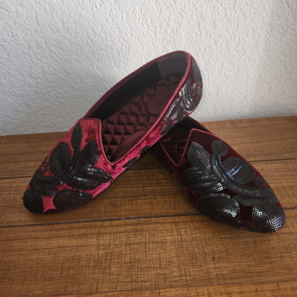 Birdies The Heron Velvey Burgundy and Black Sequin Loafers Size 9